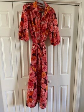 Floral Pink Maxi Shirt Dress with Tie Waist